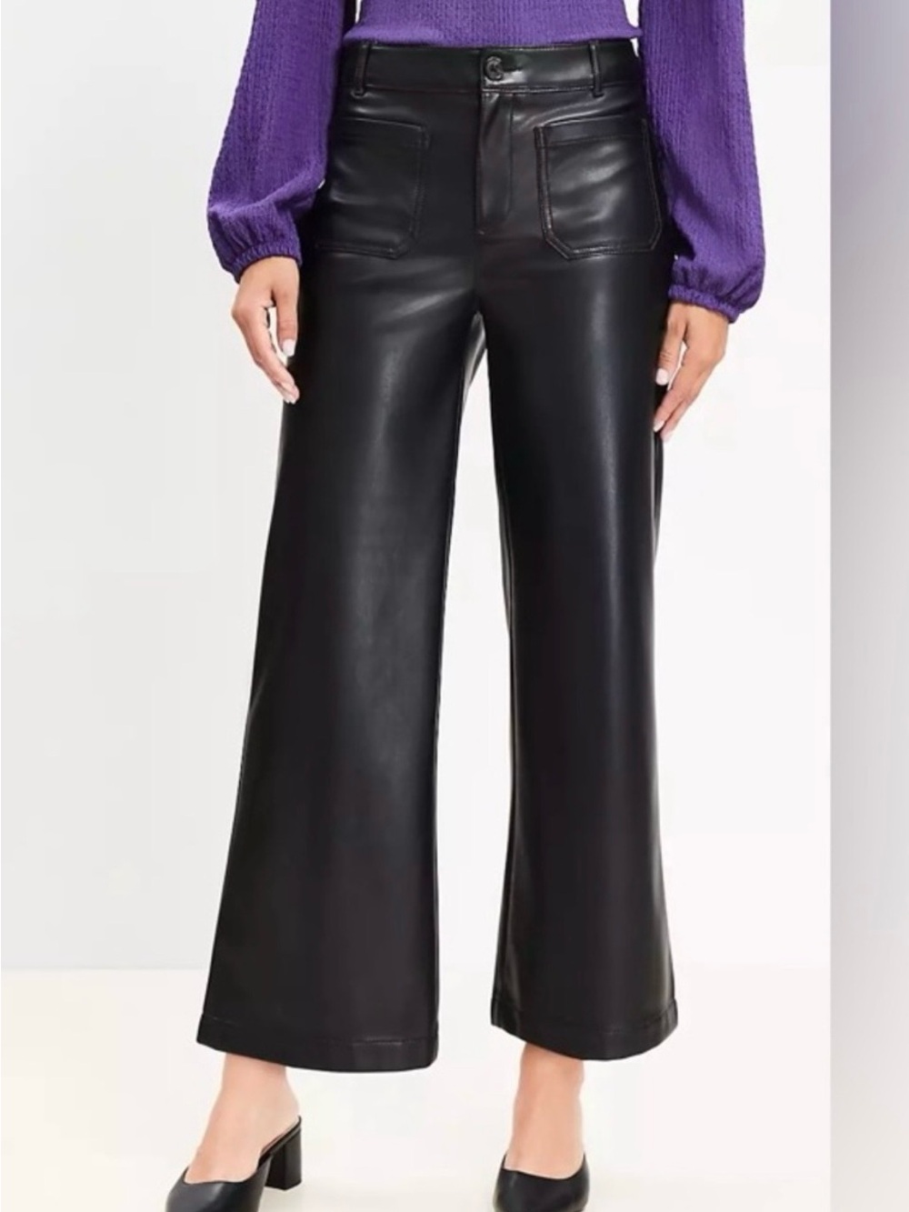 LOFT Black Faux Leather Cropped Wide-Leg Pants
